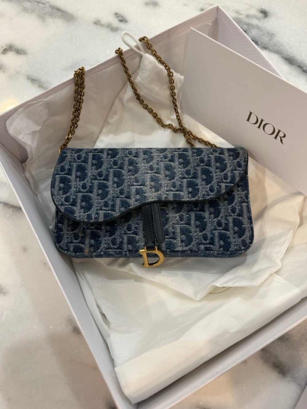 Dior Denim Monogram Saddle Crossbody in Blue with Gold Hardware